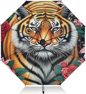 Compact Umbrella, Umbrella Strong Windproof, Automatic Open/close, Compact Size for Women Backpacks/Handbags, Tiger Red Roses