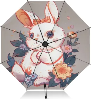 Compact Umbrella, Umbrellas for Rain Windproof, Automatic Open/close, Compact Size for Women Backpacks/Handbags, Cute Bunny Flowers
