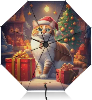 Compact Umbrella, Umbrellas for Rain Windproof, Automatic Open/close, Compact Size for Women Backpacks/Handbags, Cute Christmas Cat