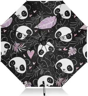 Compact Umbrella, Umbrellas for Rain Windproof, Automatic Open/close, Compact Size for Women Backpacks/Handbags, Cute Pandas Black