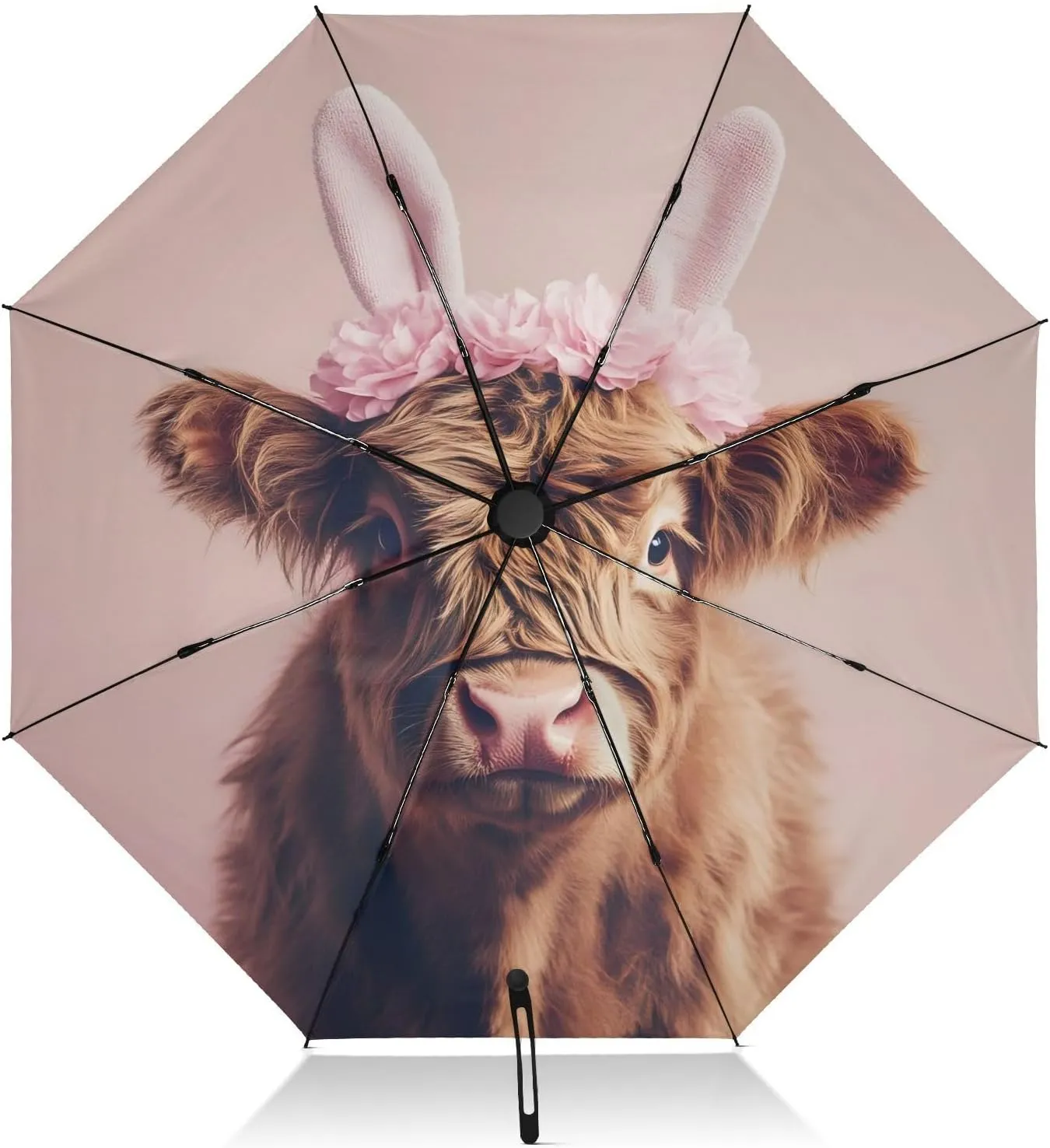 Compact Umbrella, Umbrellas for Rain Windproof, Automatic Open/close, Compact Size for Women Backpacks/Handbags, Easter Cute Highland Cow Bunny Ears