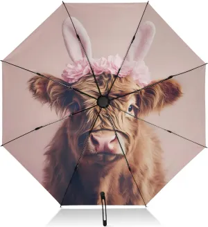 Compact Umbrella, Umbrellas for Rain Windproof, Automatic Open/close, Compact Size for Women Backpacks/Handbags, Easter Cute Highland Cow Bunny Ears