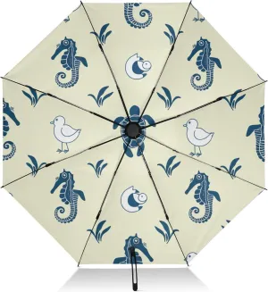 Compact Umbrella, Wind Proof Umbrella, Automatic Open/close, Compact Size for Women Backpacks/Handbags, Nautical Seahorses Turtles Yellow