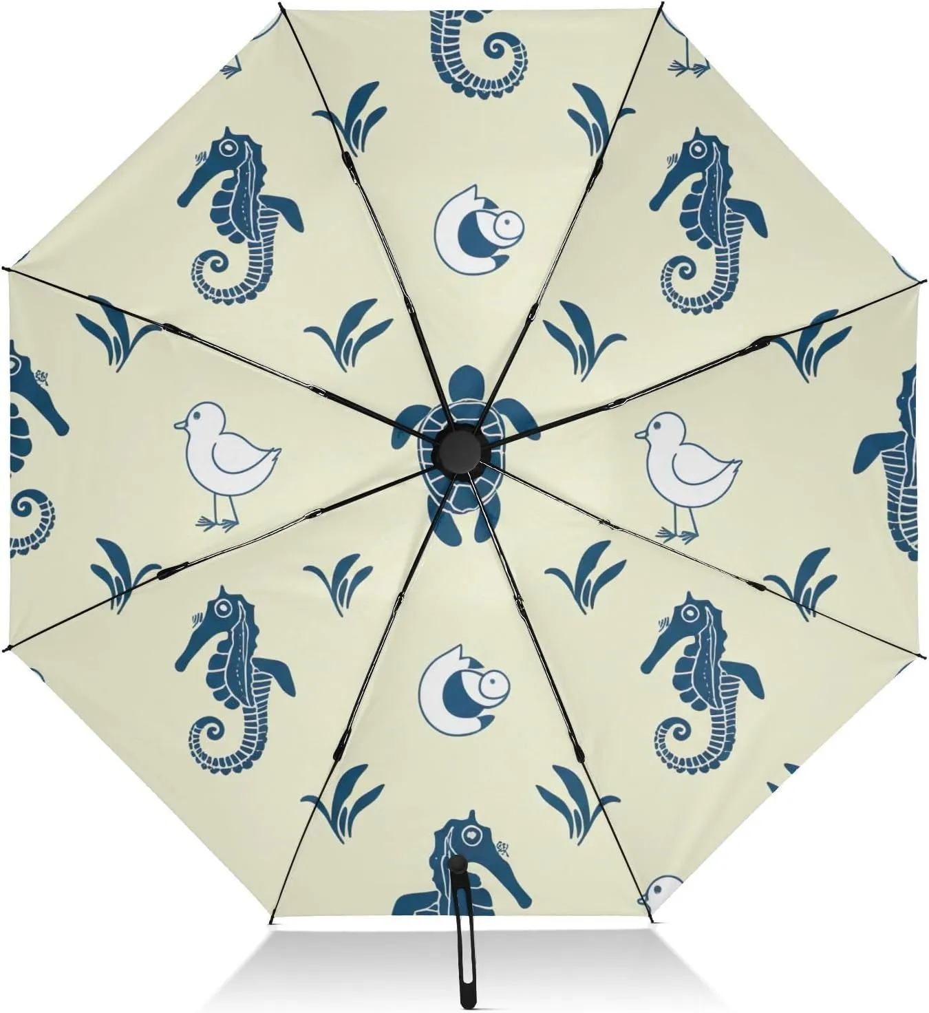Compact Umbrella, Wind Proof Umbrella, Automatic Open/close, Compact Size for Women Backpacks/Handbags, Nautical Seahorses Turtles Yellow