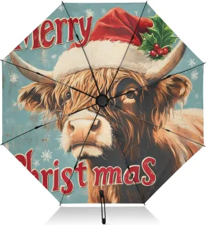 Compact Umbrella, Windproof Travel Umbrella, Automatic Open/close, Compact Size for Women Backpacks/Handbags, Highland Cow Santa Hat