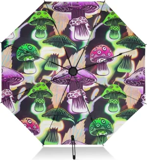 Compact Umbrella, Windproof Travel Umbrella, Automatic Open/close, Compact Size for Women Backpacks/Handbags, Purple Green Mushrooms