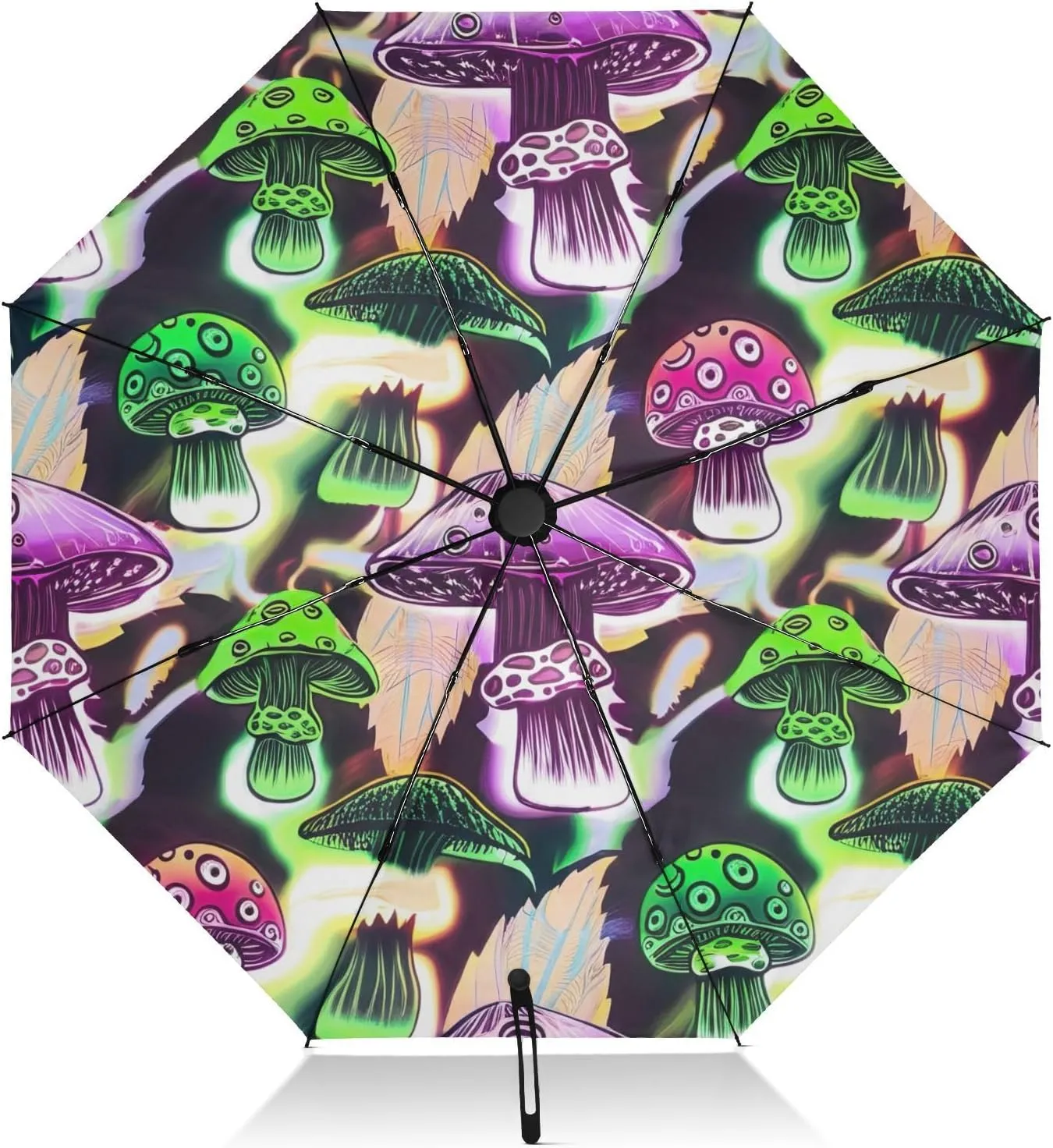 Compact Umbrella, Windproof Travel Umbrella, Automatic Open/close, Compact Size for Women Backpacks/Handbags, Purple Green Mushrooms