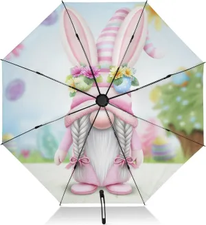 Compact Umbrella, Windproof Umbrella, Automatic Open/close, Compact Size for Women Backpacks/Handbags, Cute Easter Rabbit Gnome