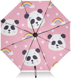 Compact Umbrella, Windproof Umbrella, Automatic Open/close, Compact Size for Women Backpacks/Handbags, Cute Panda Rainbow Pink