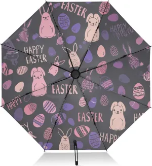 Compact Umbrella, Windproof Umbrella, Automatic Open/close, Compact Size for Women Backpacks/Handbags, Easter Cute Rabbits Purple