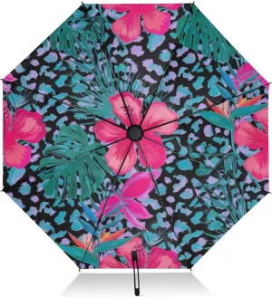 Compact Umbrella, Windproof Umbrella, Automatic Open/close, Compact Size for Women Backpacks/Handbags, Tropical Flowers Leaves Bold Leopard Print