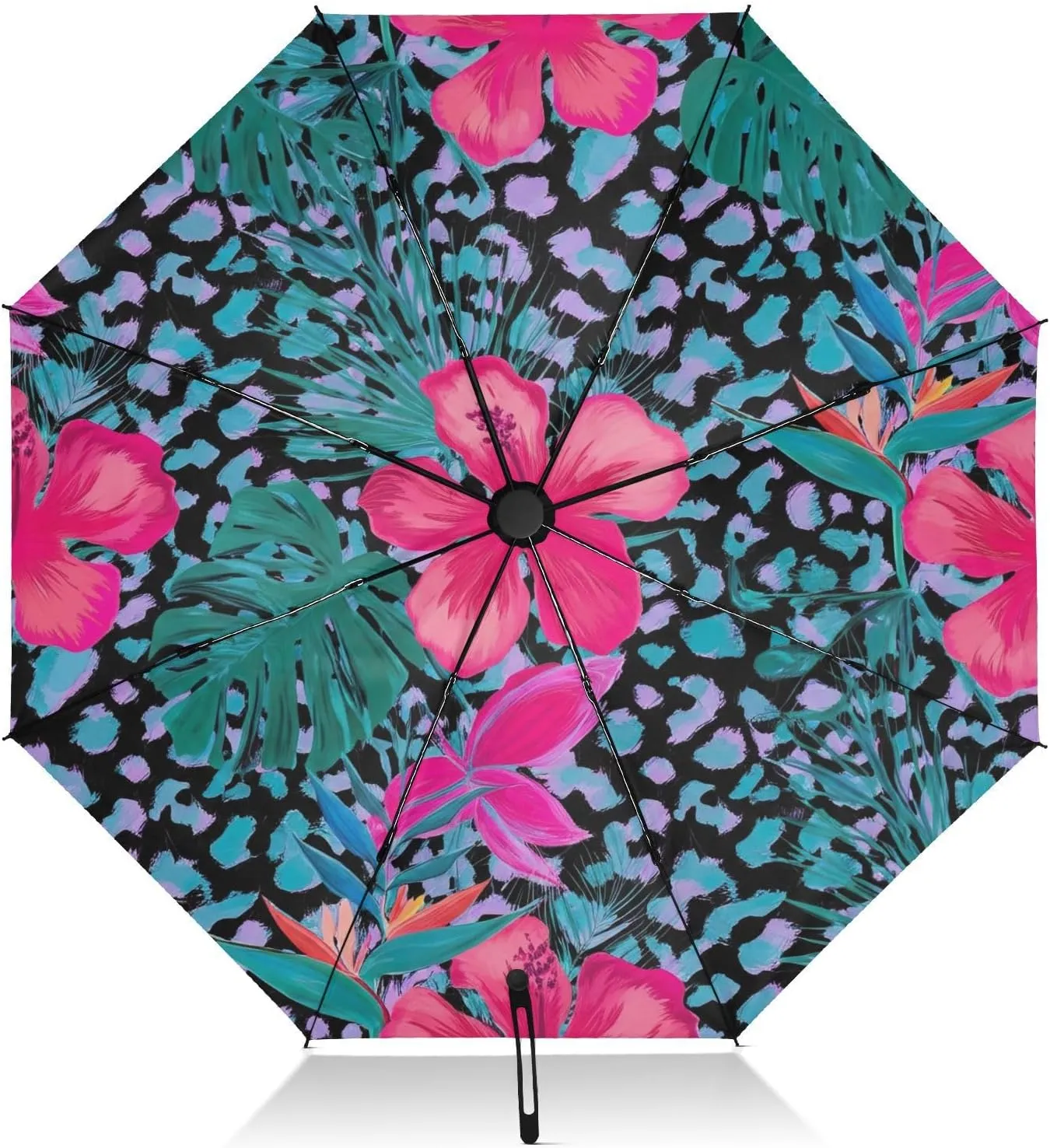 Compact Umbrella, Windproof Umbrella, Automatic Open/close, Compact Size for Women Backpacks/Handbags, Tropical Flowers Leaves Bold Leopard Print