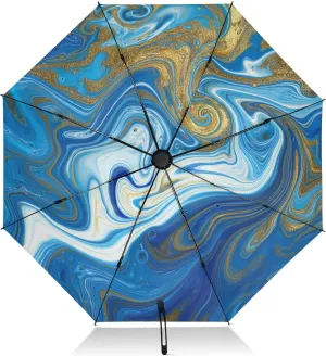 Compact Umbrella, Windproof Umbrella for Rain, Automatic Open/close, Compact Size for Women Backpacks/Handbags, Blue Gold Marble