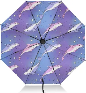 Compact Umbrella, Windproof Umbrella for Rain, Automatic Open/close, Compact Size for Women Backpacks/Handbags, Cute Cartoon Dolphins Pastel Blue Purple