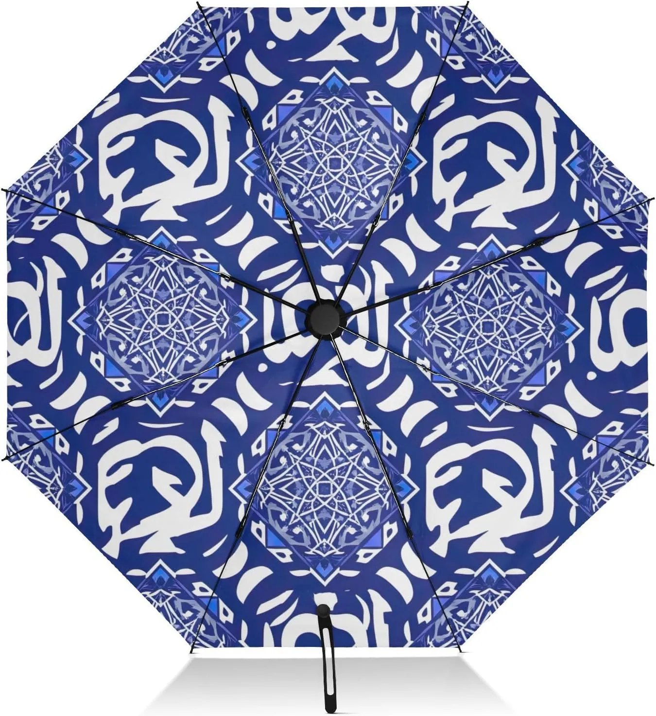 Compact Umbrella, Windproof Umbrella for Rain, Automatic Open/close, Compact Size for Women Backpacks/Handbags, Geometric Blue White