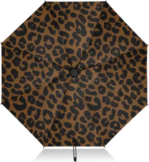 Compact Umbrella, Windproof Umbrella for Rain, Automatic Open/close, Compact Size for Women Backpacks/Handbags, Leopard Print Deep Brown
