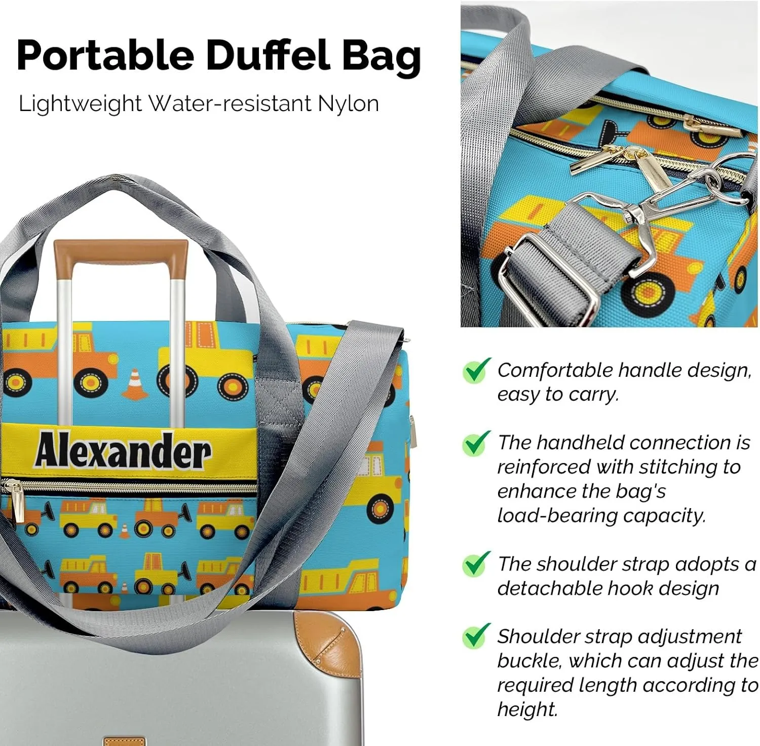 Construction Truck Personalized Kids Duffel Swim Bag for Boys,Customized Swim Duffle Bag for Boys Man Kids Gifts