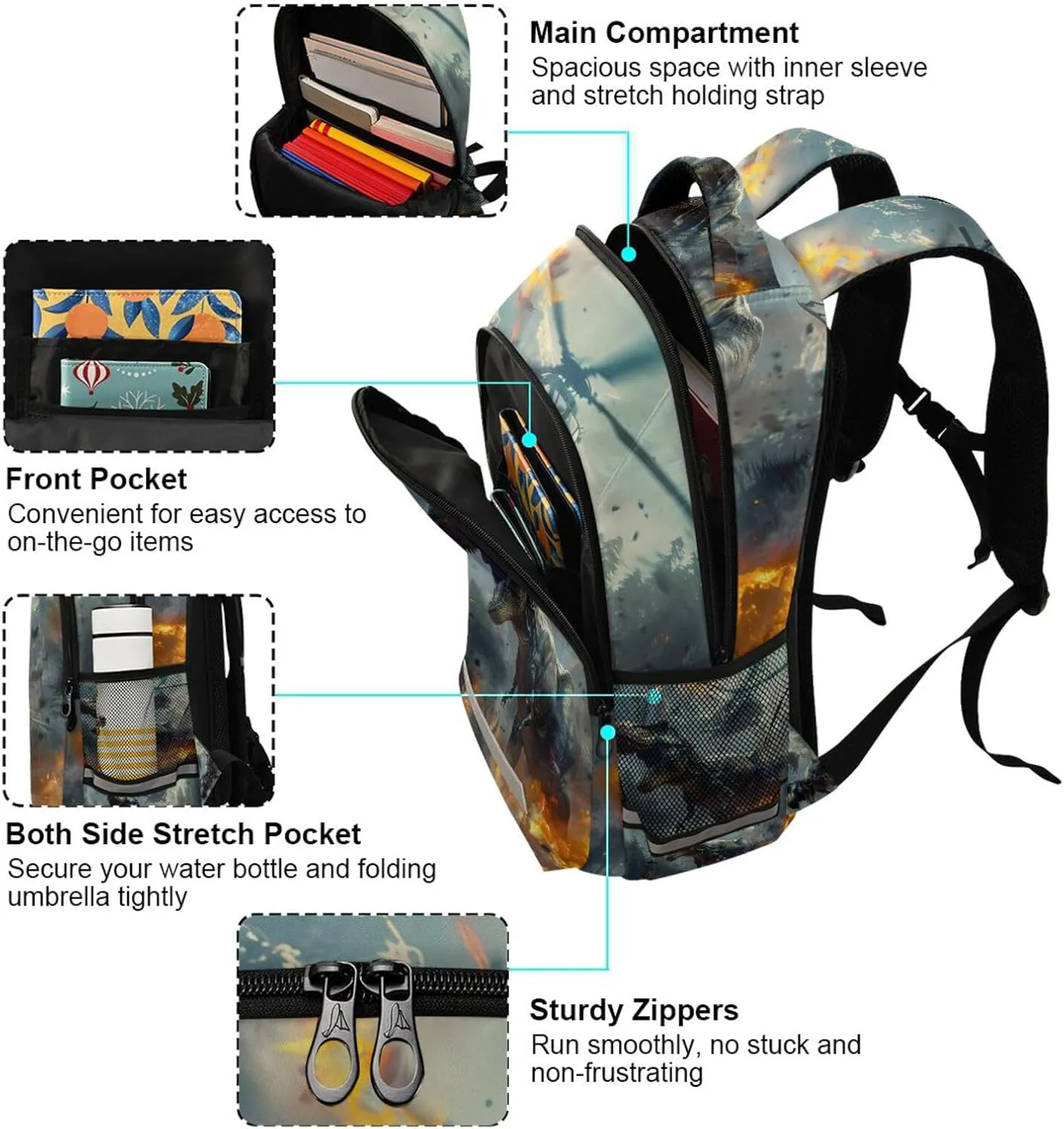 Cool Dinosaur Attack Helicopters Backpacks Travel Laptop Daypack School Book Bag for Men Women Teens Kids