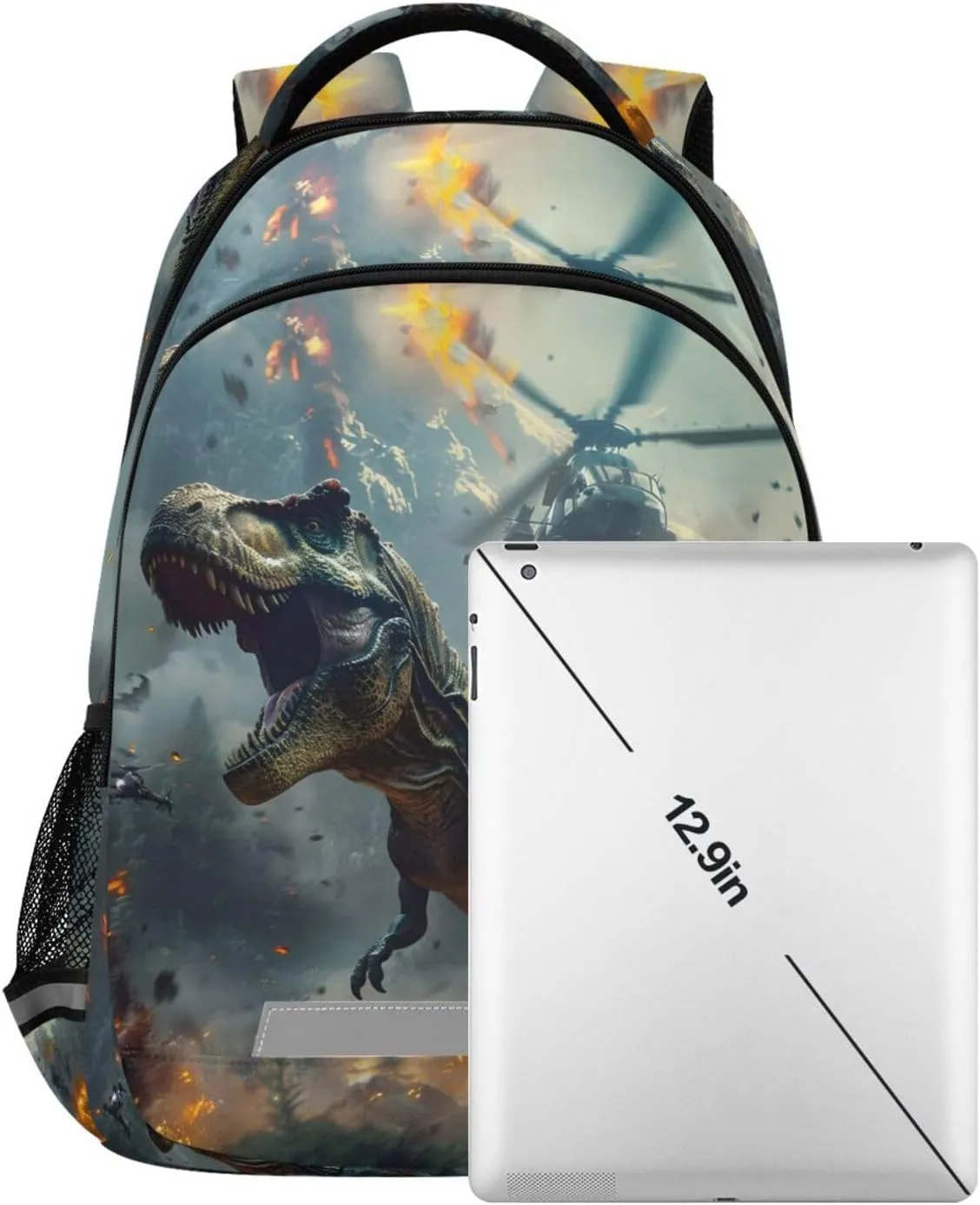 Cool Dinosaur Attack Helicopters Backpacks Travel Laptop Daypack School Book Bag for Men Women Teens Kids