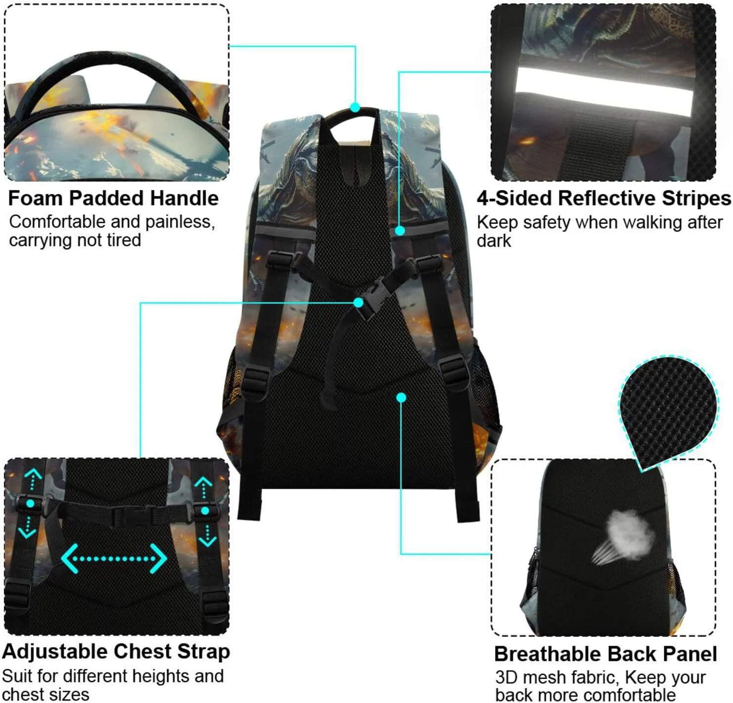 Cool Dinosaur Attack Helicopters Backpacks Travel Laptop Daypack School Book Bag for Men Women Teens Kids