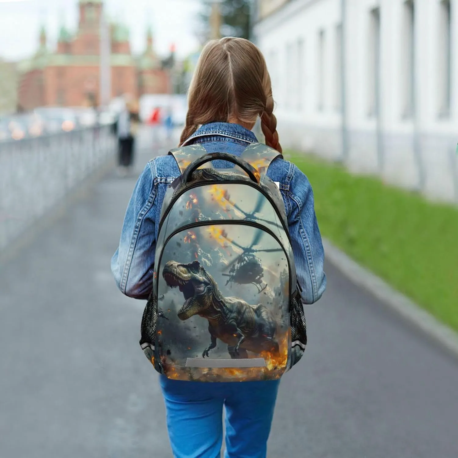 Cool Dinosaur Attack Helicopters Backpacks Travel Laptop Daypack School Book Bag for Men Women Teens Kids