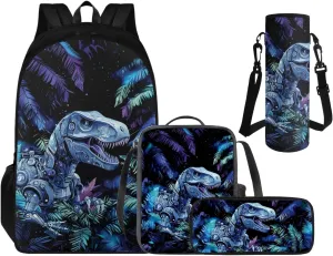 Cool Dinosaur Book Bag and Lunch Box for Boys Back to School, Backpacks for 5th Grade Boys Backpack and Lunch Box 4 Piece Set Pencil Case and Water Bottle Holder Art Study Supplies