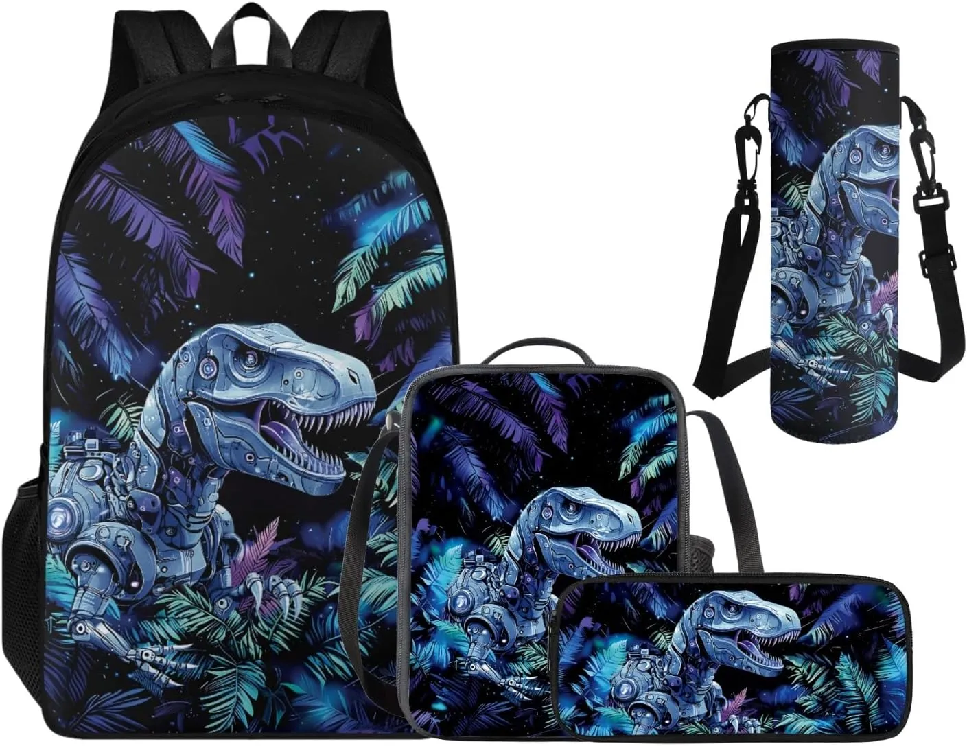 Cool Dinosaur Book Bag and Lunch Box for Boys Back to School, Backpacks for 5th Grade Boys Backpack and Lunch Box 4 Piece Set Pencil Case and Water Bottle Holder Art Study Supplies