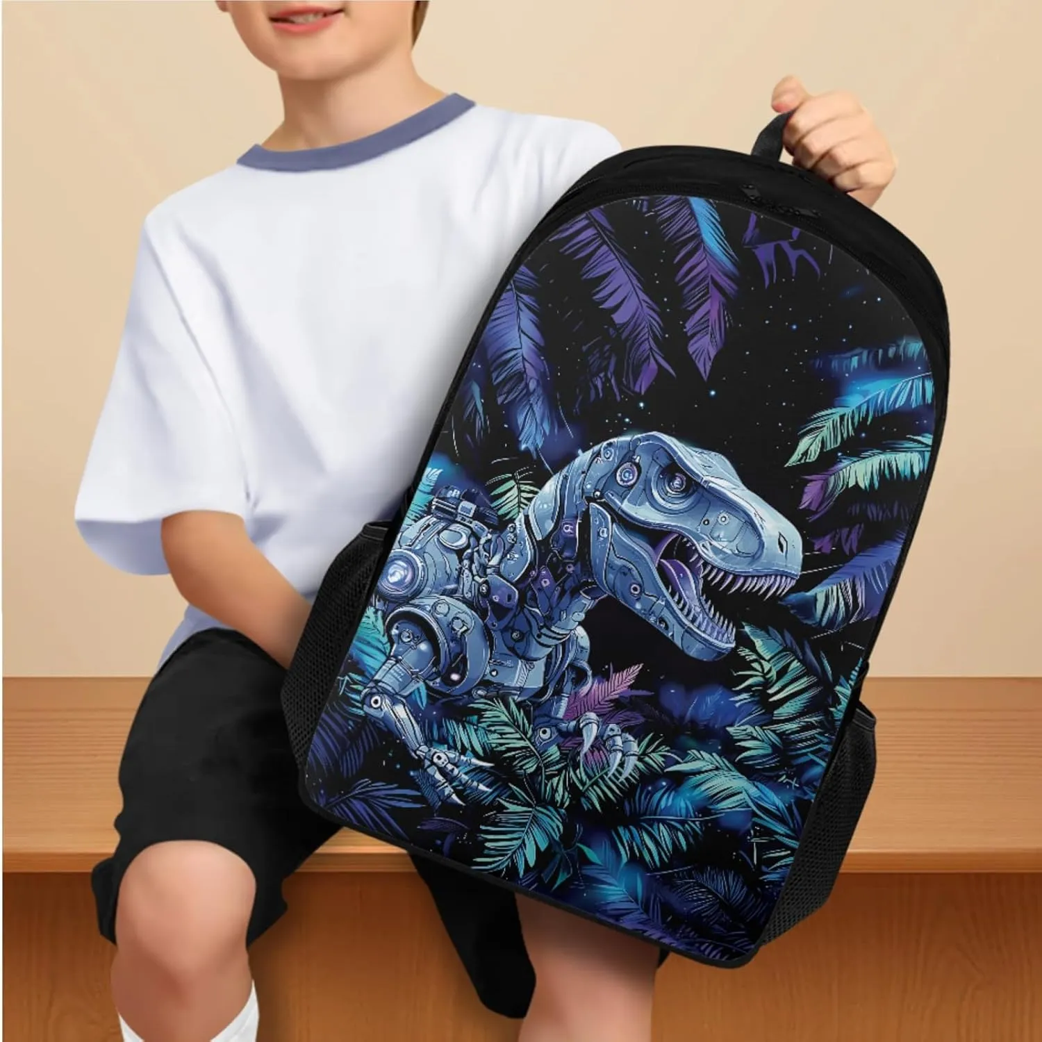 Cool Dinosaur Book Bag and Lunch Box for Boys Back to School, Backpacks for 5th Grade Boys Backpack and Lunch Box 4 Piece Set Pencil Case and Water Bottle Holder Art Study Supplies