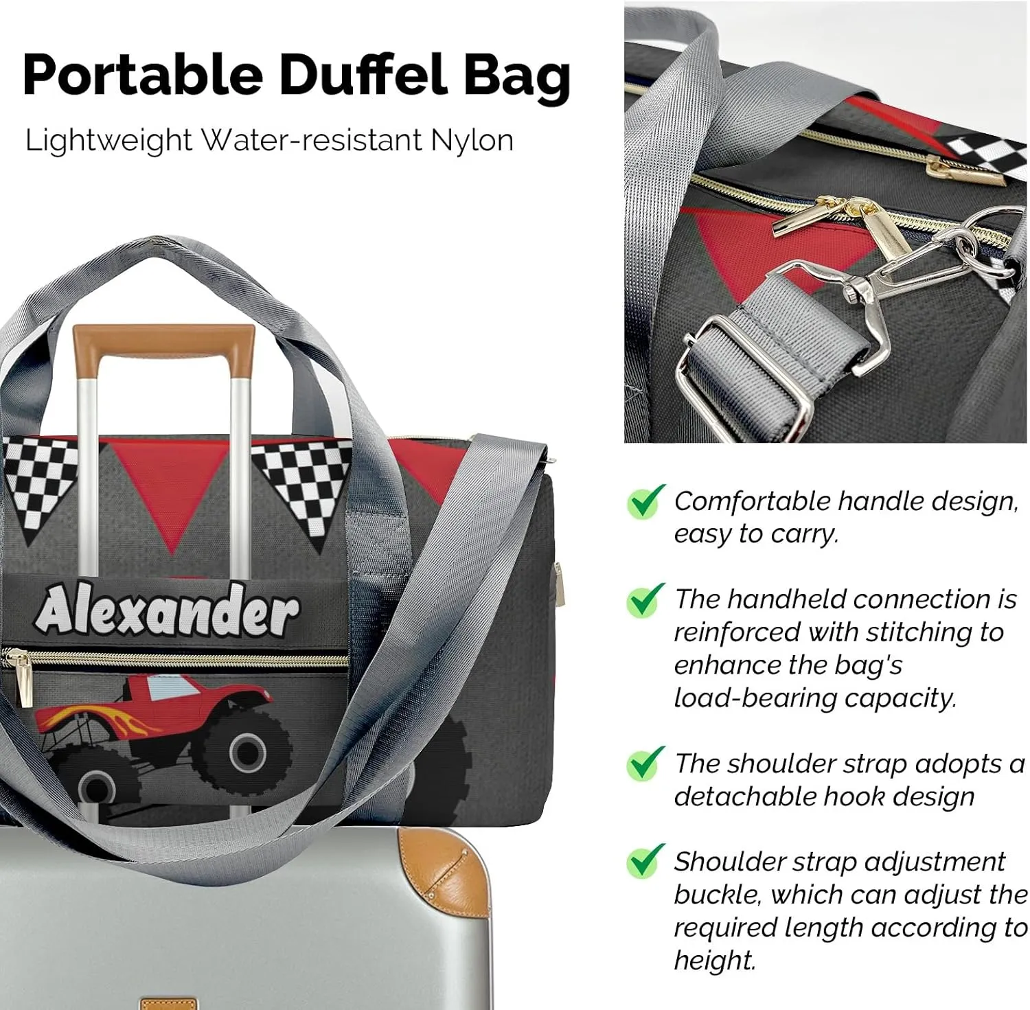 Cool Monster Truck Gray Personalized Gym Dance Bag for Girls Boys,Custom Name Sport Duffel Bag Weekender Bags Carry On Travel Duffel Bag