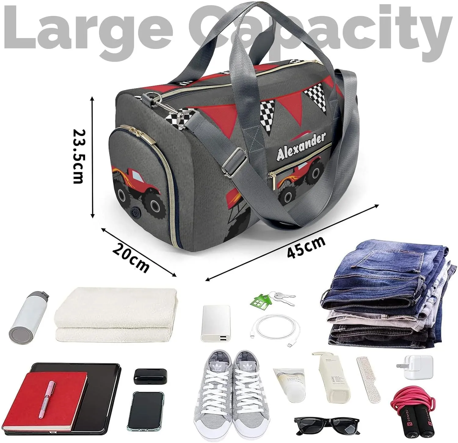 Cool Monster Truck Gray Personalized Gym Dance Bag for Girls Boys,Custom Name Sport Duffel Bag Weekender Bags Carry On Travel Duffel Bag