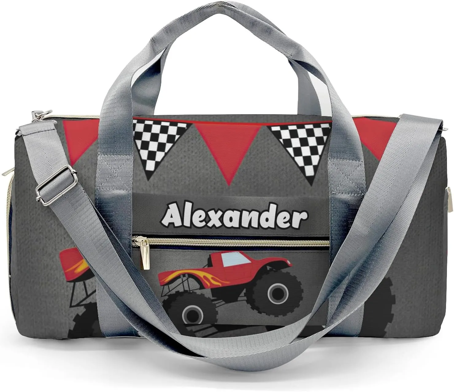 Cool Monster Truck Gray Personalized Gym Dance Bag for Girls Boys,Custom Name Sport Duffel Bag Weekender Bags Carry On Travel Duffel Bag