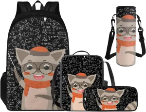 Cool Raccoon Backpacks for Boys Back to School, Multifunctional Backpacks for 3rd Grade Boys Lunch Box Pencil Case Water Bottle Holder Set of 4, Art Study Supplies for Kids Back to School