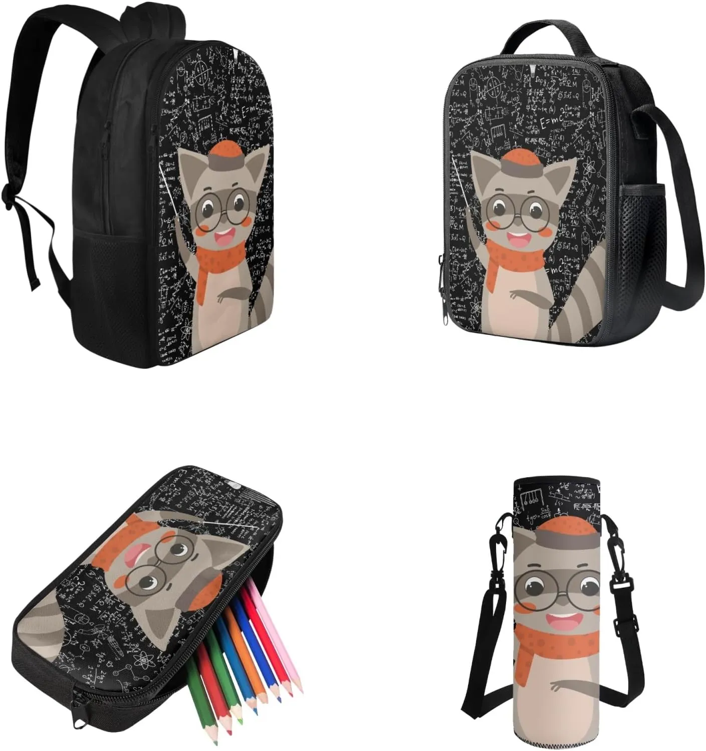 Cool Raccoon Backpacks for Boys Back to School, Multifunctional Backpacks for 3rd Grade Boys Lunch Box Pencil Case Water Bottle Holder Set of 4, Art Study Supplies for Kids Back to School