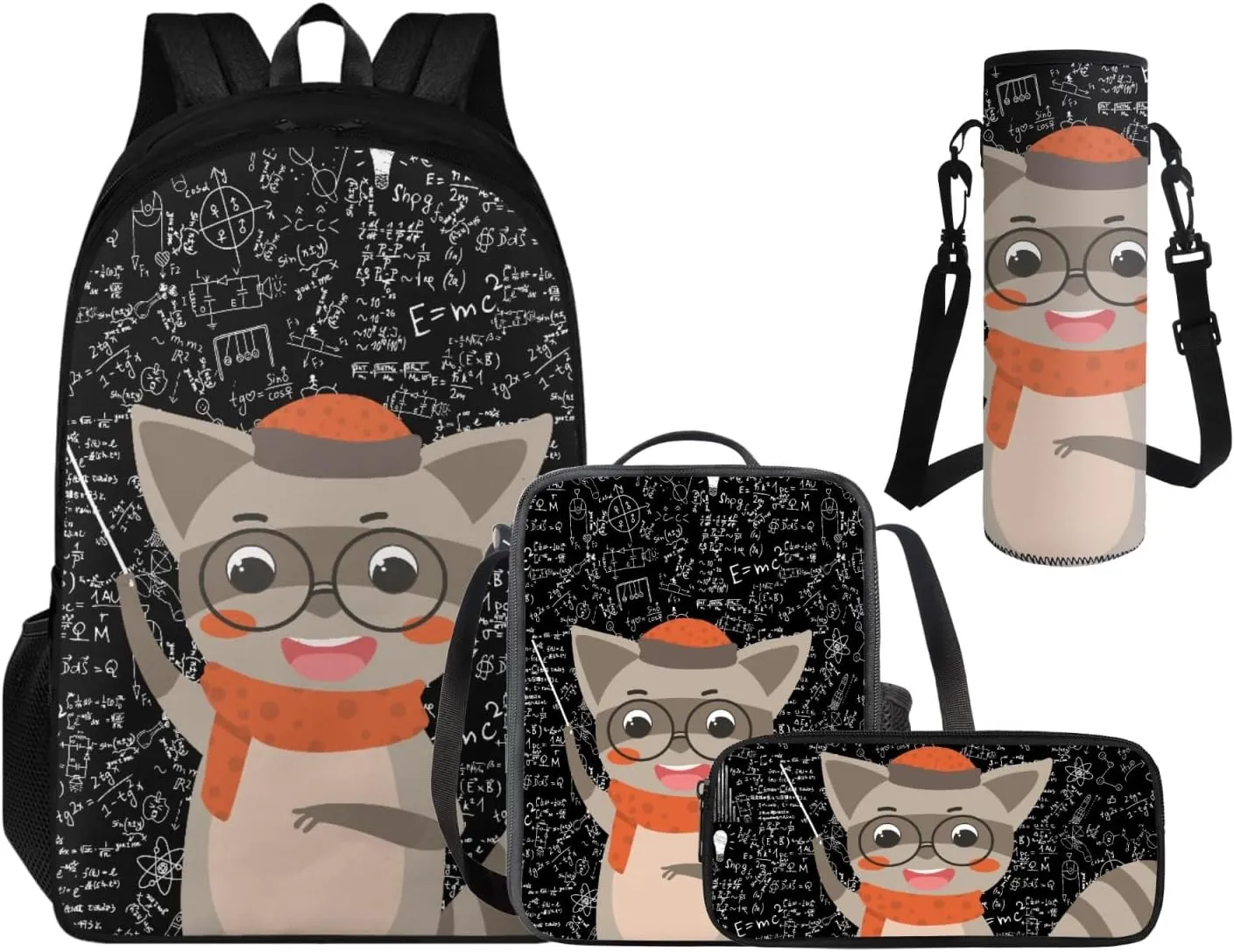 Cool Raccoon Backpacks for Boys Back to School, Multifunctional Backpacks for 3rd Grade Boys Lunch Box Pencil Case Water Bottle Holder Set of 4, Art Study Supplies for Kids Back to School