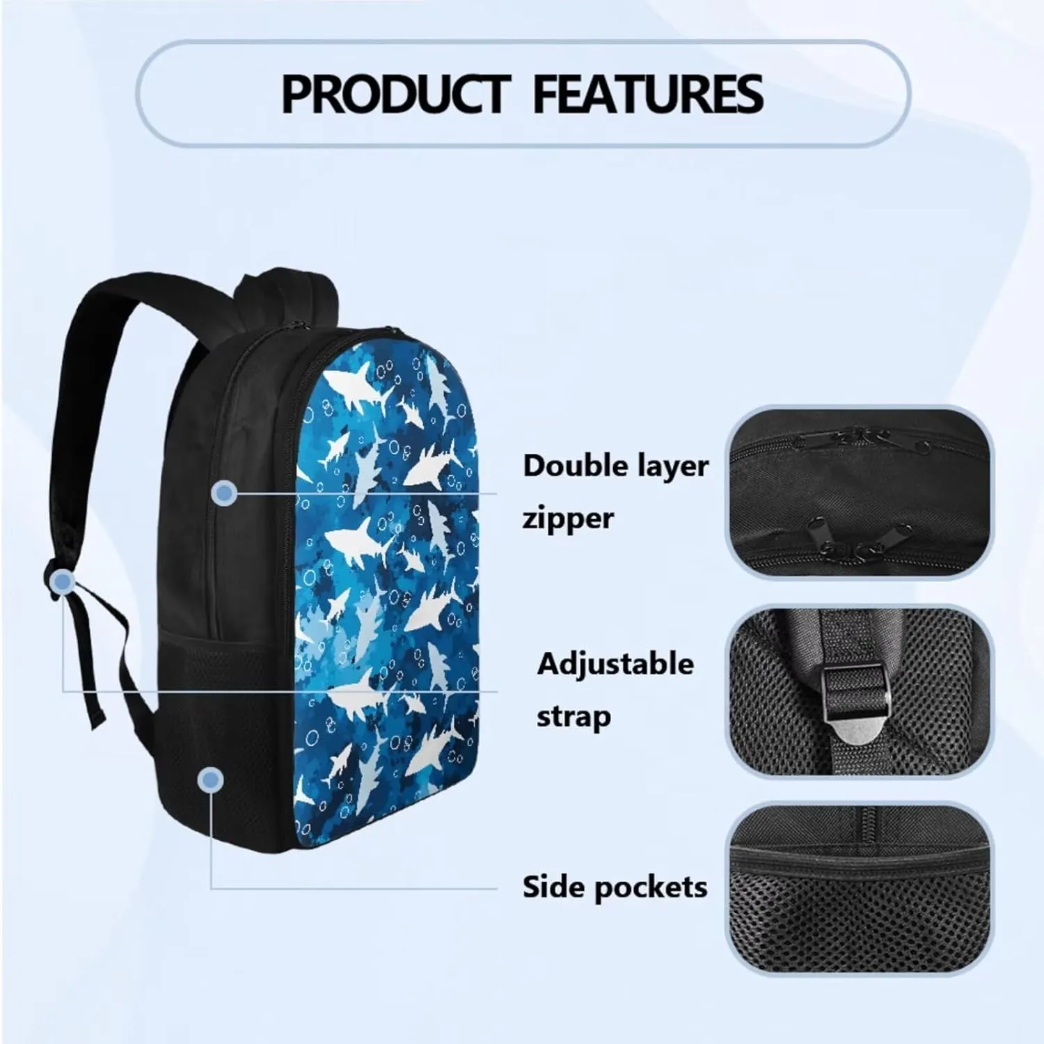 Cool Shark School Backpack with Lunch Box, Backpacks for 5th Grade Boys Back to School Back Pack with Lunch Bag Pencil Case and Water Bottle Holder Camping Picnic