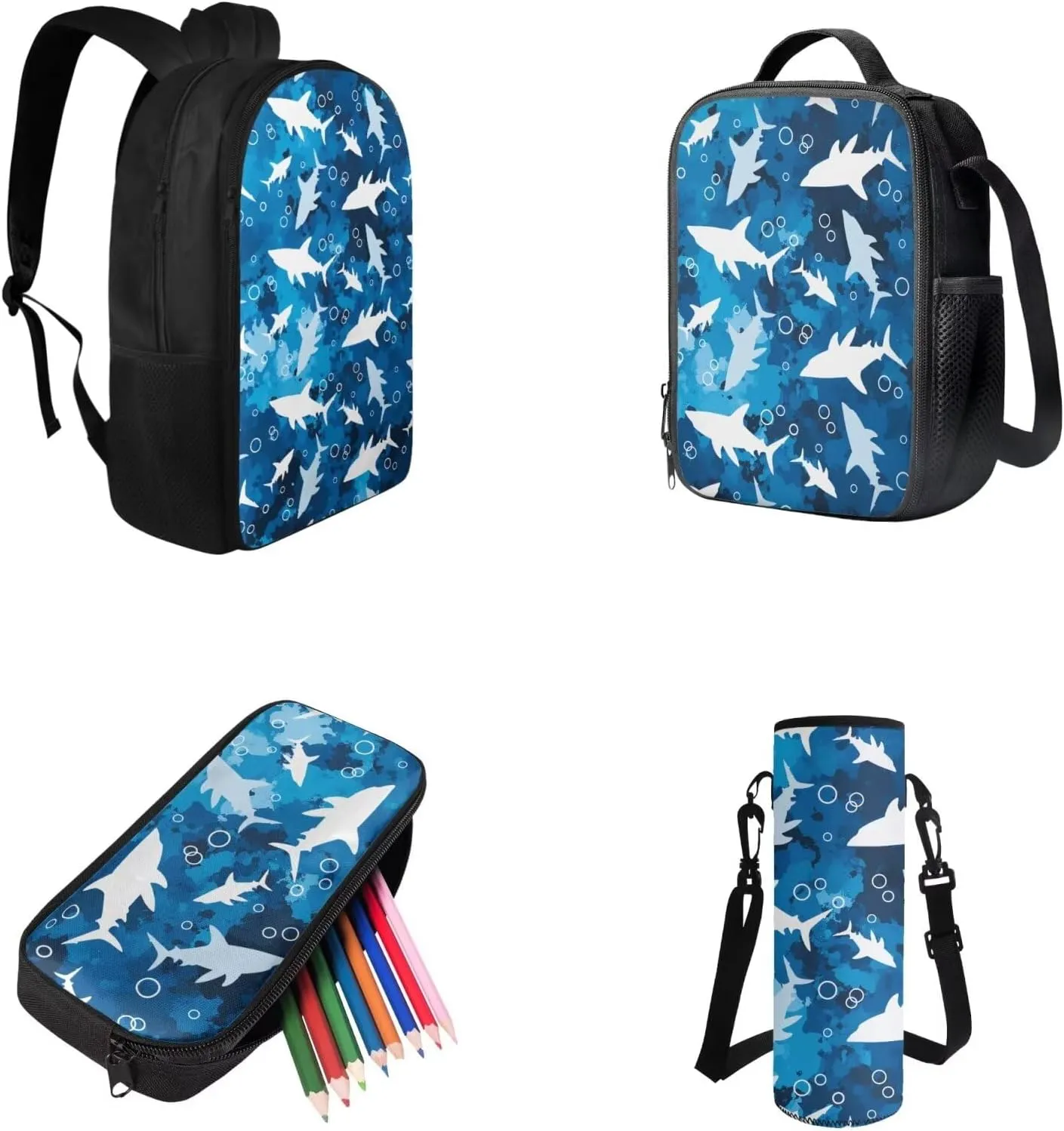 Cool Shark School Backpack with Lunch Box, Backpacks for 5th Grade Boys Back to School Back Pack with Lunch Bag Pencil Case and Water Bottle Holder Camping Picnic