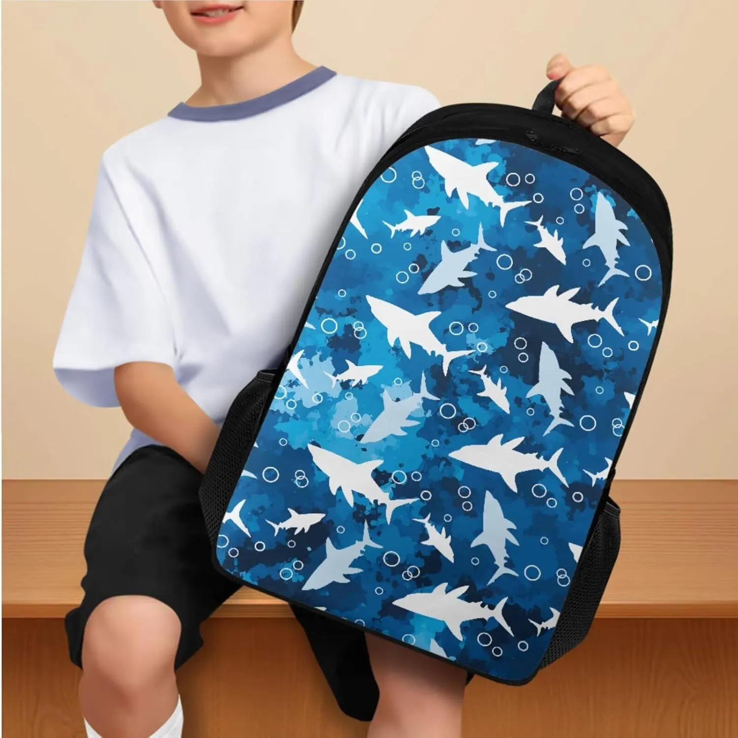 Cool Shark School Backpack with Lunch Box, Backpacks for 5th Grade Boys Back to School Back Pack with Lunch Bag Pencil Case and Water Bottle Holder Camping Picnic