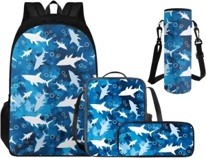 Cool Shark School Backpack with Lunch Box, Backpacks for 5th Grade Boys Back to School Back Pack with Lunch Bag Pencil Case and Water Bottle Holder Camping Picnic