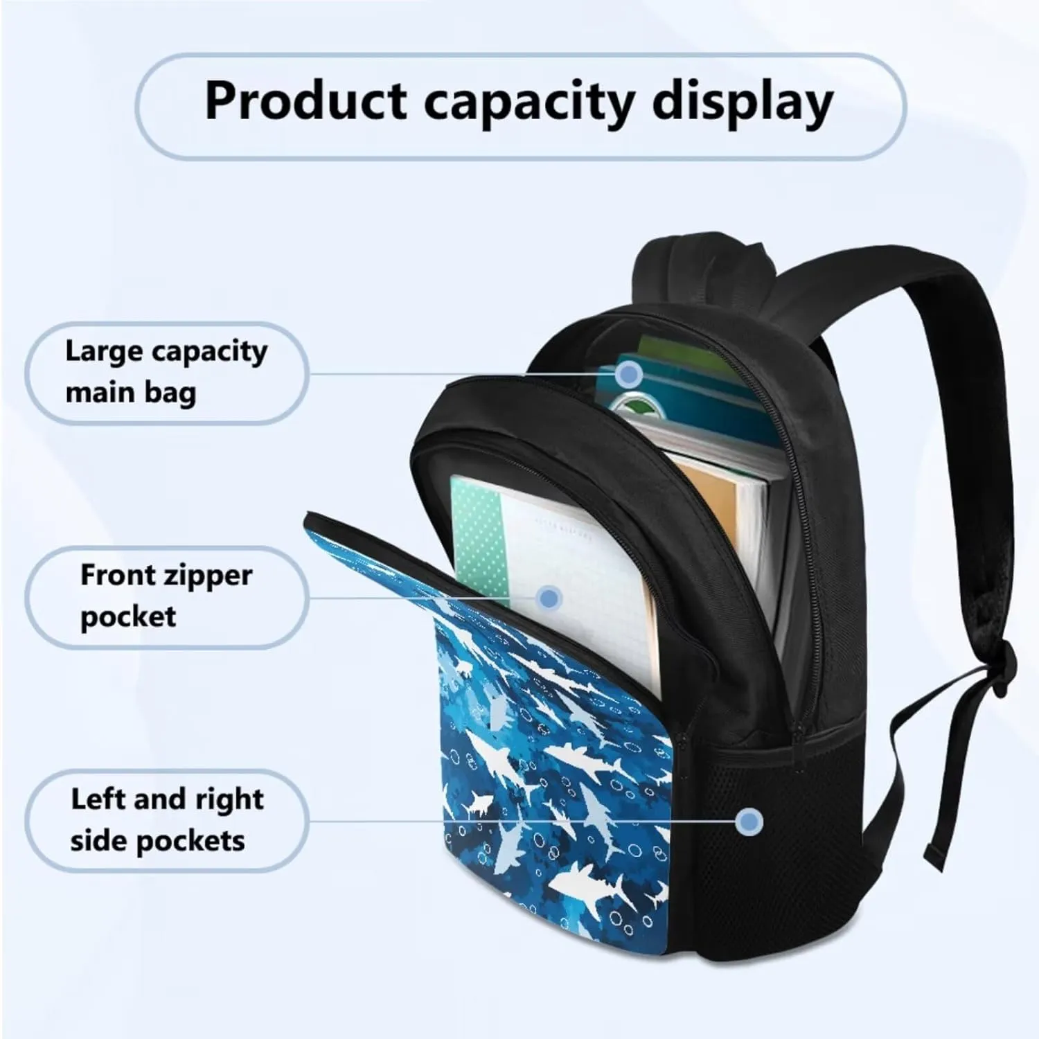 Cool Shark School Backpack with Lunch Box, Backpacks for 5th Grade Boys Back to School Back Pack with Lunch Bag Pencil Case and Water Bottle Holder Camping Picnic