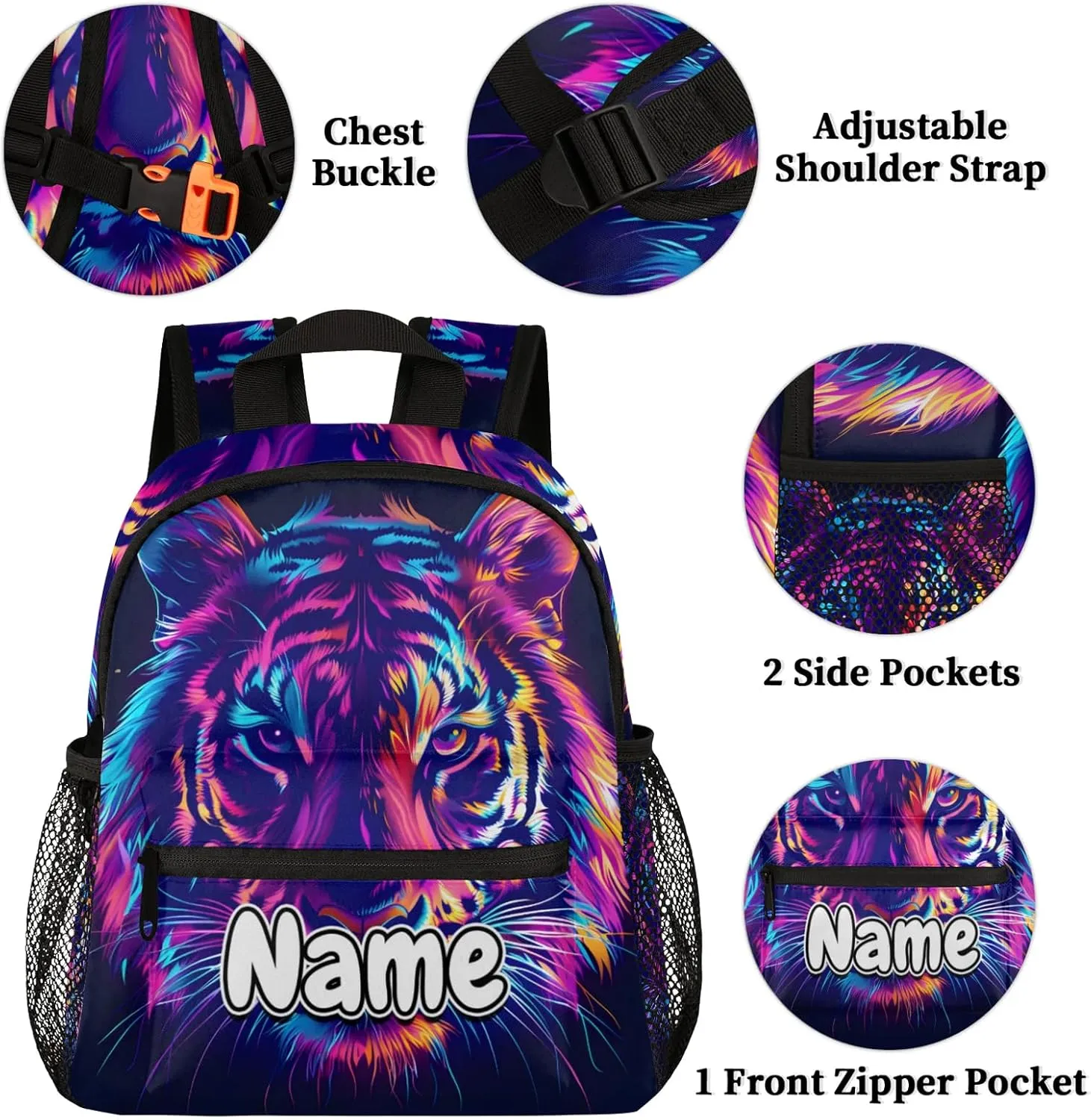 Cool Tiger Personalized Backpack Bag with Name Lightweight Custom Shoulder Bags Waterproof Casual Backpacks Travel Laptop Bag for Work Picnic 12in