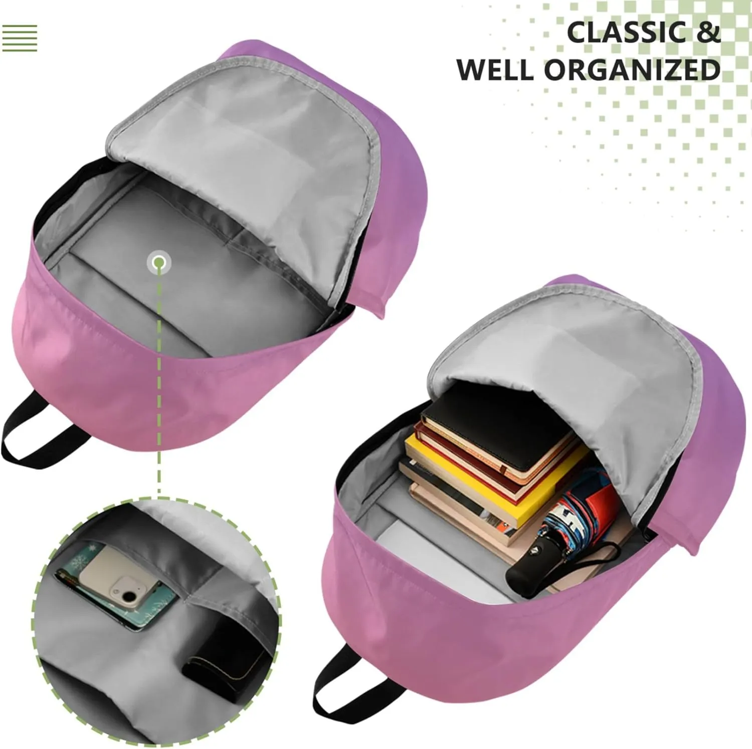 Coral Pink Lavender Gradient Casual Daypack Backpacks for Women Waterproof Cool Book Bags for Teen Girls