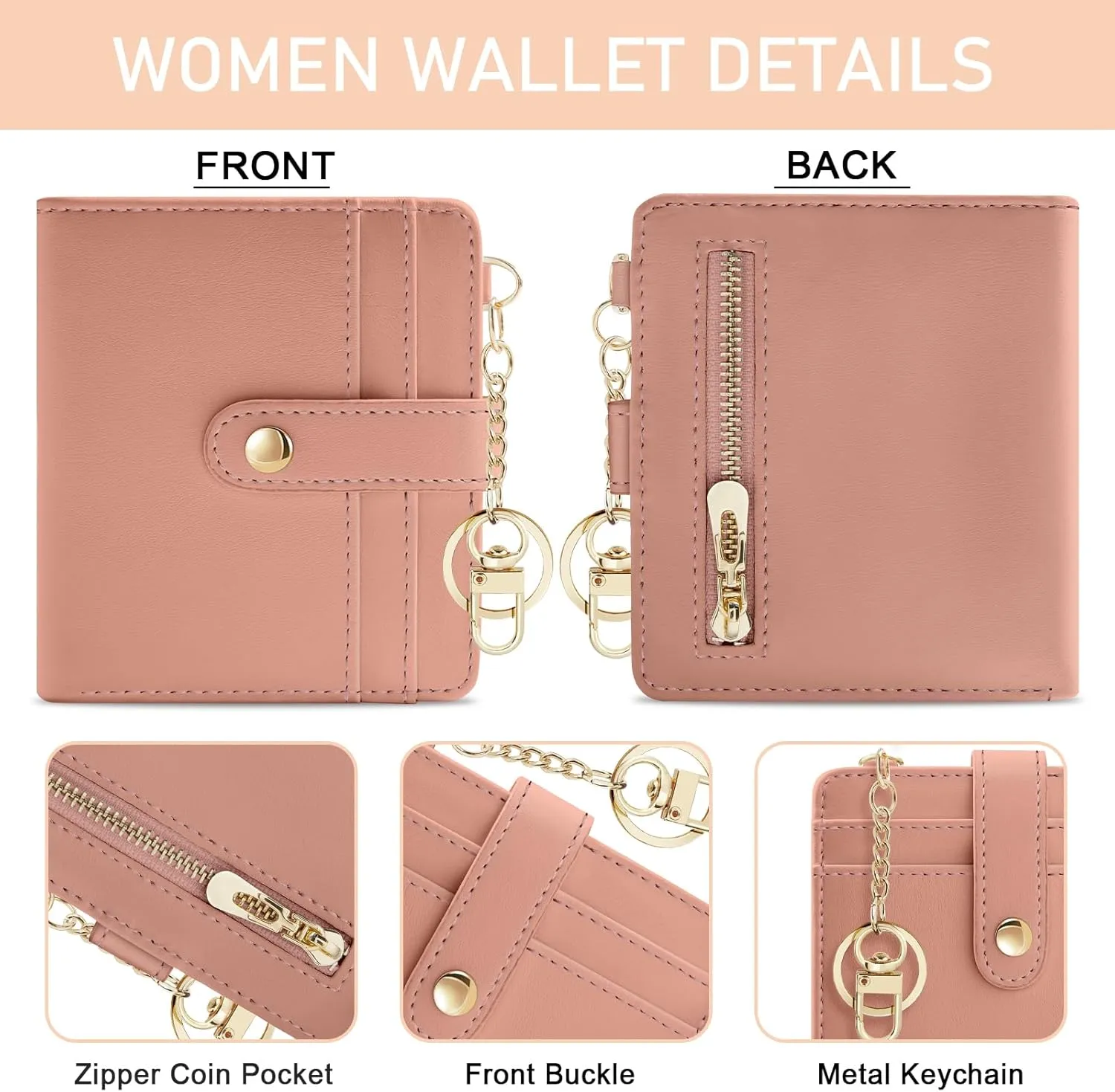 Coral Pink Rfid Ladies Wallet, Small Slim Thin Compact Credit Card Women Wallet, PU Leather Bifold Cash Zipper Coin Pocket ID Window for Female