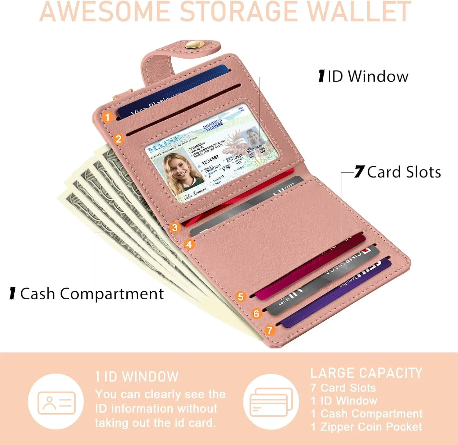 Coral Pink Rfid Ladies Wallet, Small Slim Thin Compact Credit Card Women Wallet, PU Leather Bifold Cash Zipper Coin Pocket ID Window for Female