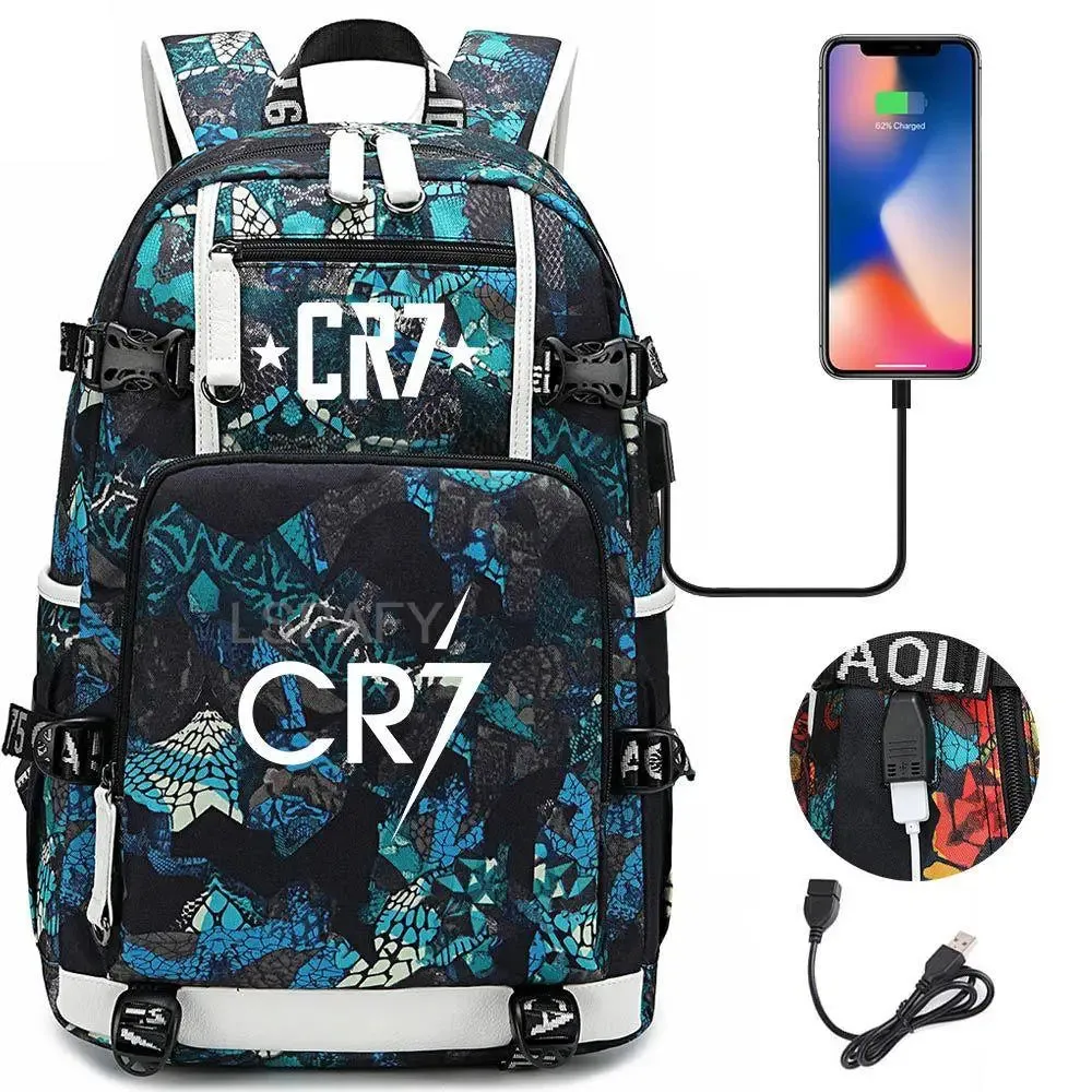 CR7 Football Travel bag school bag USB Charging Backpack Ronaldo Laptop Bags