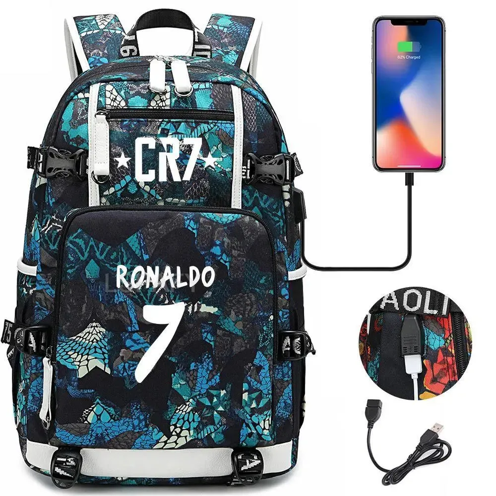 CR7 Football Travel bag school bag USB Charging Backpack Ronaldo Laptop Bags