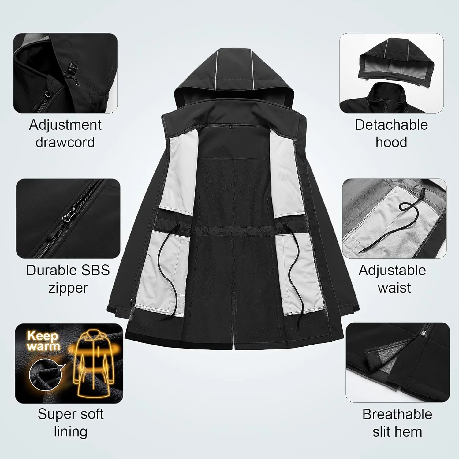 CREATMO US Women's Lightweight Waterproof Long Softshell Tactical Jacket Fleece Lined Windbreaker