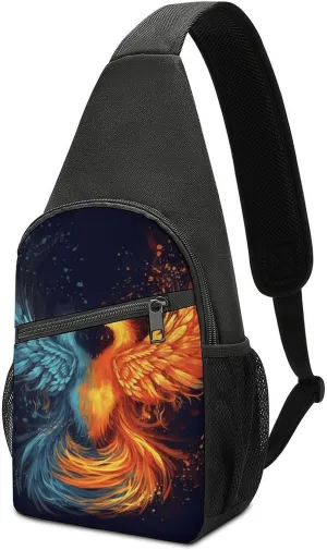 Crossbody Bags for Women Men Fire And Water Phoenix Printed Sling Backpack Mini Chest Backpack Lightweight Travel Hiking Daypack Casual Shoulder Daypack
