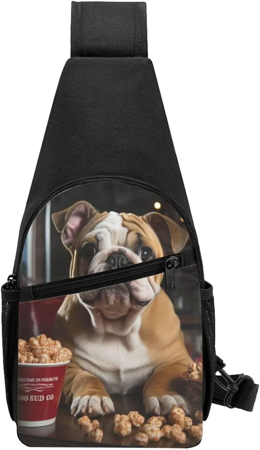 Crossbody Sling Backpack Sling Bag for Men Women Cross Chest Bag Shoulder Bag Bulldog Popcorn Travel Hiking Daypack