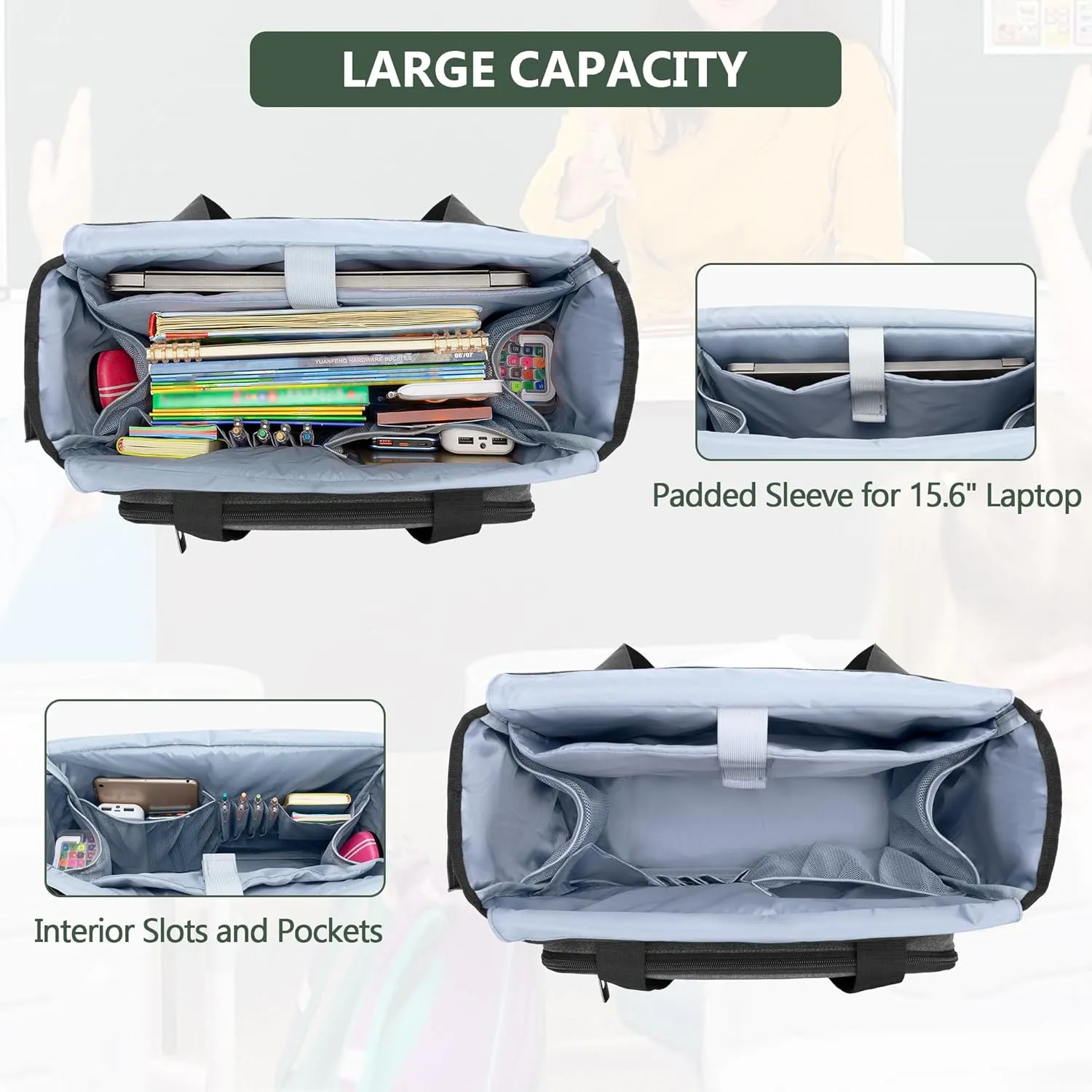CURMIO Large Teacher Bag for Women, Portable Teacher Tote Bag with Accordion File Organizer Compartment and Laptop Sleeve, Gray(Patent Pending)