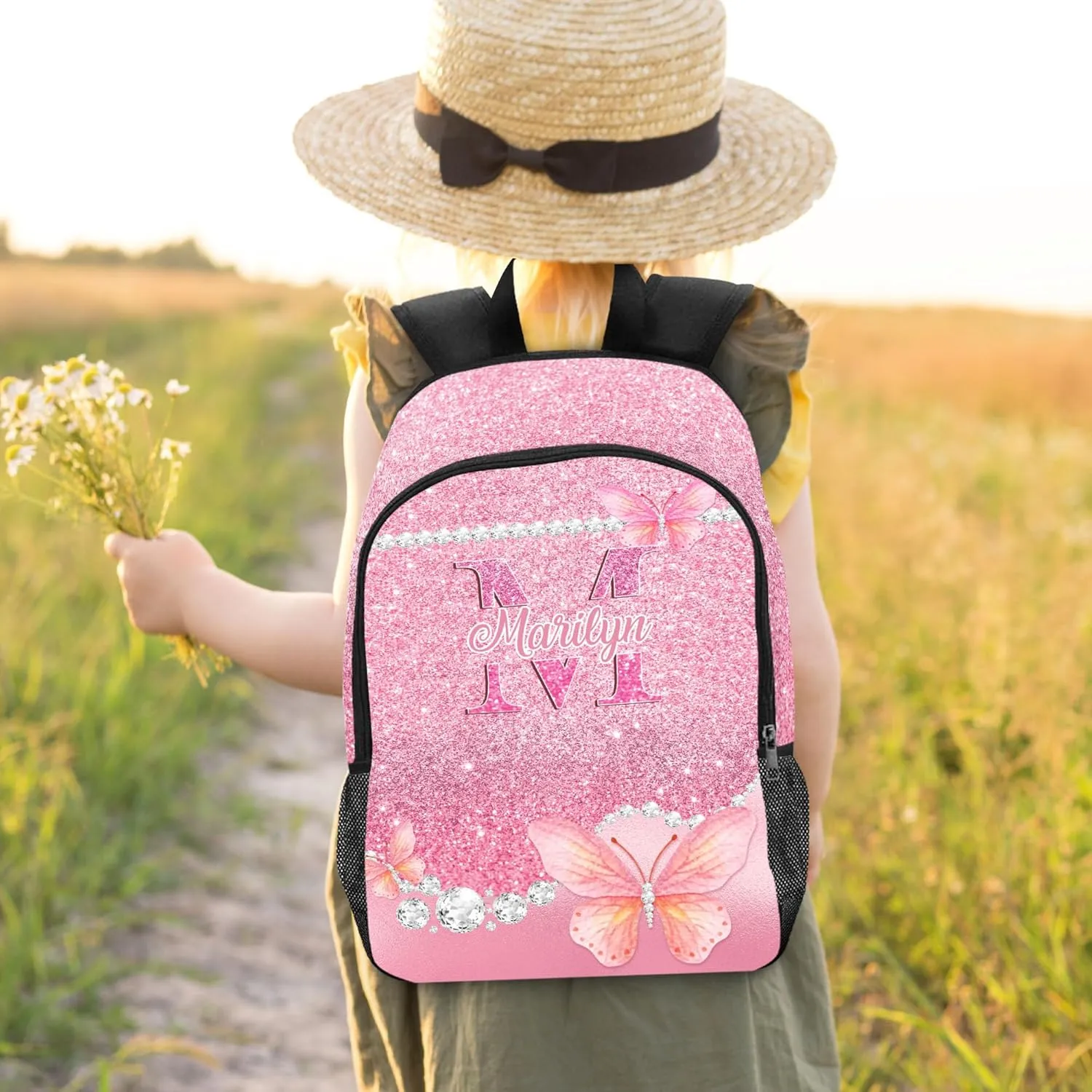 Custom Backpacks for Girls with Lunch Bag Set, Custom Butterfly School Bags with Lunch Box Set for Daughter Customized Shoulders Bags with Name for School
